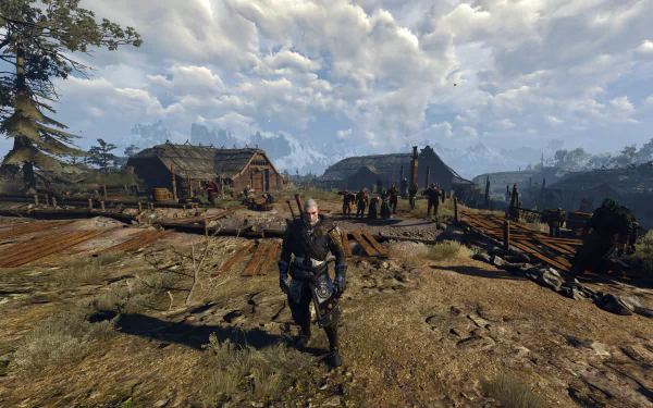 Geralt of Rivia stands in a village landscape from The Witcher 3: Wild Hunt, captured in stunning 8K Ultra HD for a PC desktop wallpaper.