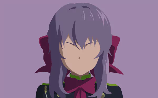 Minimalist HD anime desktop wallpaper featuring Shinoa Hīragi from Seraph of the End with simple colors and clean lines on a purple background.