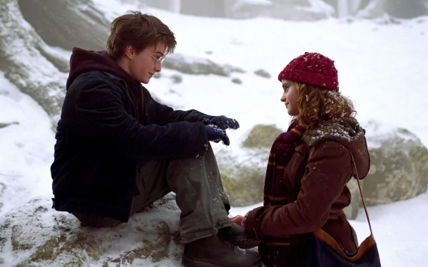 Harry Potter and Hermione Granger sit in a snowy forest scene from Harry Potter and the Prisoner of Azkaban, captured in an HD PC desktop wallpaper.