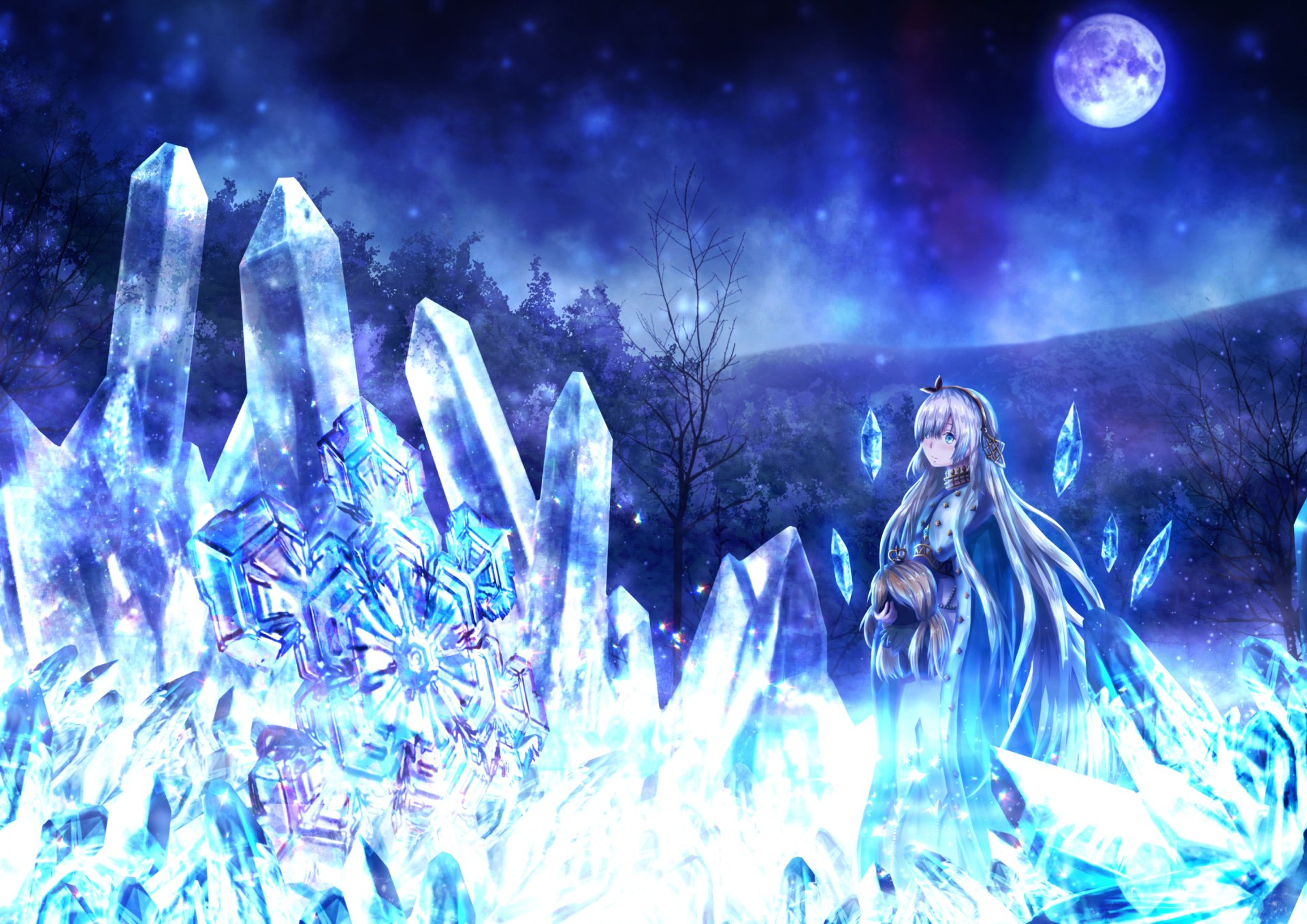 Anastasia (Fate/Grand Order) anime 2K Quad HD PC desktop wallpaper: moonlit blue ice crystals with Anastasia standing amid glowing shards.