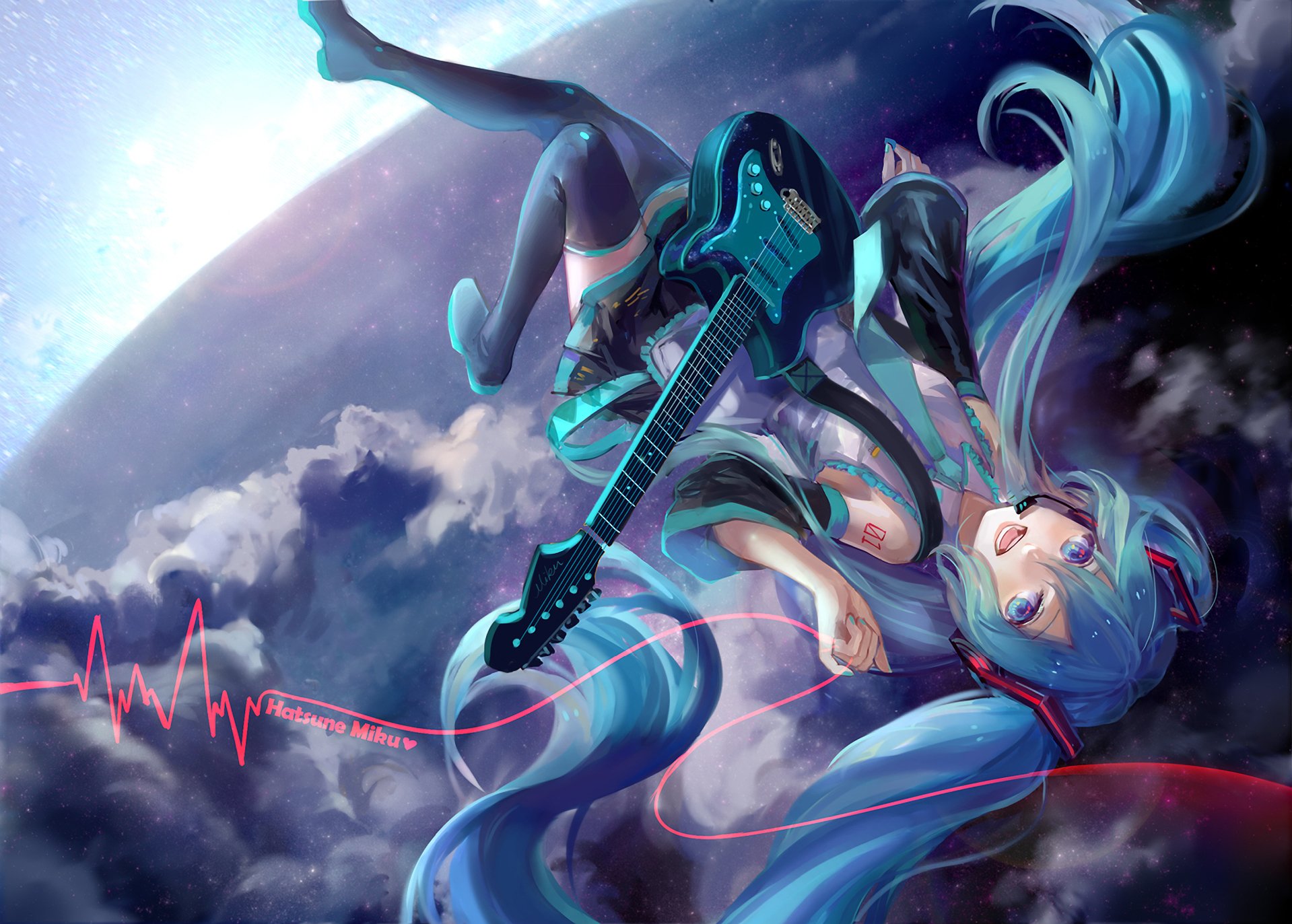HD anime desktop wallpaper featuring Hatsune Miku from Vocaloid floating in space, holding an electric guitar with vivid blues and cosmic background elements.