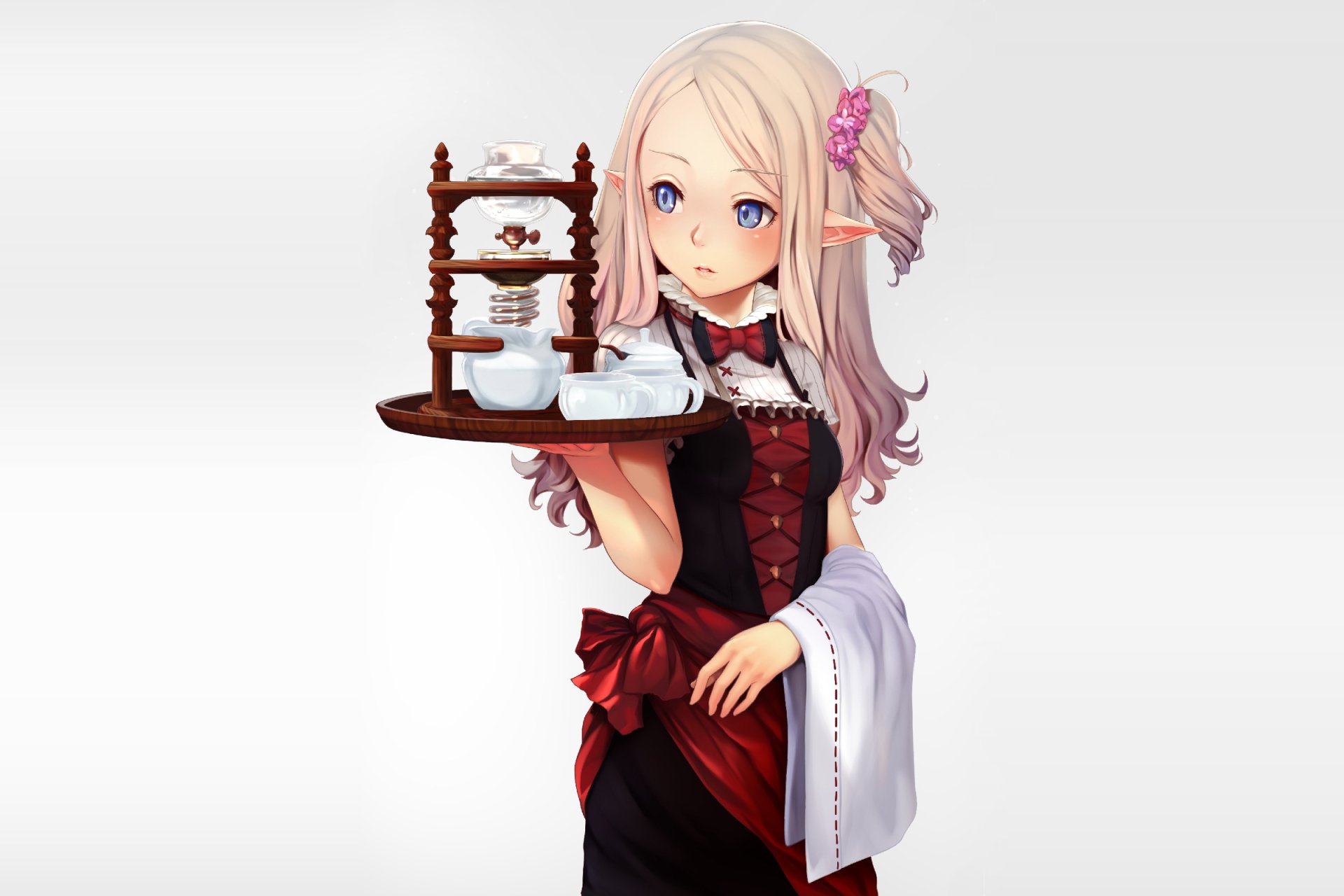 Anime-style blonde elf with blue eyes and long hair, wearing a bow and towel, blush on her cheeks, holding a cup on a tray, set as an HD PC desktop wallpaper.