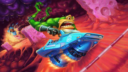 A vibrant HD wallpaper featuring a cartoon frog from Battletoads zooming through a colorful, abstract environment on a futuristic vehicle.