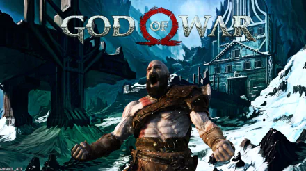 HD PC desktop wallpaper featuring Kratos from God of War (2018), set against a snowy village backdrop with the game's logo prominently displayed.