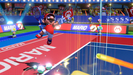 HD desktop wallpaper of Mario playing tennis in 'Mario Tennis Aces' game with vibrant court and lively audience in the background.