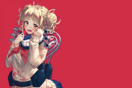 HD desktop wallpaper and background featuring Himiko Toga from the anime My Hero Academia, with a vibrant red backdrop and detailed character illustration.