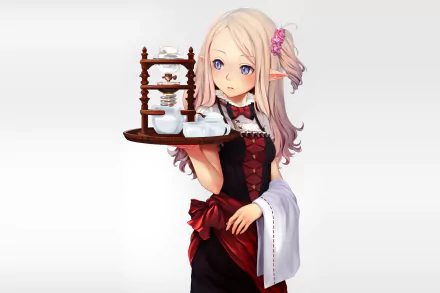 Anime-style blonde elf with blue eyes and long hair, wearing a bow and towel, blush on her cheeks, holding a cup on a tray, set as an HD PC desktop wallpaper.