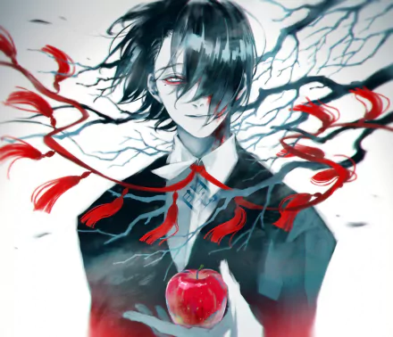 HD PC desktop wallpaper of Kichimura Washuu from Tokyo Ghoul:re, featuring dark branches and red ribbons swirling around him with a striking, intense expression.