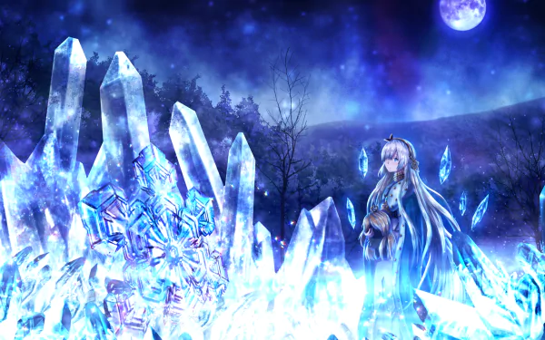 Anastasia (Fate/Grand Order) anime 2K Quad HD PC desktop wallpaper: moonlit blue ice crystals with Anastasia standing amid glowing shards.