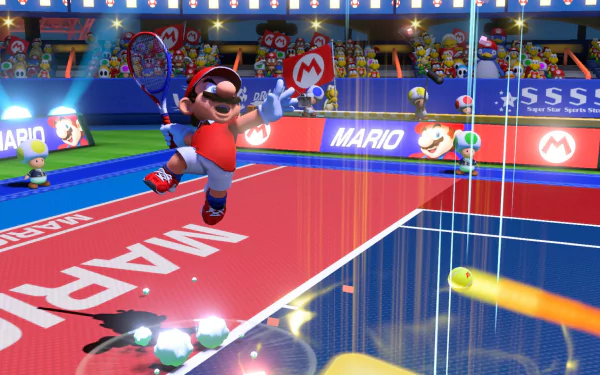 HD desktop wallpaper of Mario playing tennis in 'Mario Tennis Aces' game with vibrant court and lively audience in the background.