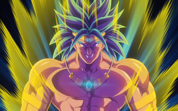 Broly (Dragon Ball Z) anime 4K Ultra HD PC desktop wallpaper: glowing, muscular Saiyan with green-violet hair and radiant yellow-blue energy aura.