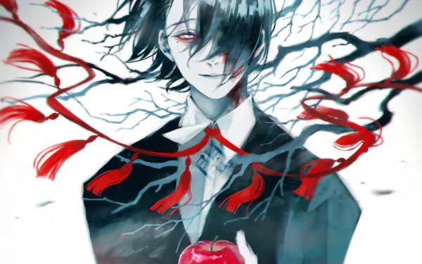 HD PC desktop wallpaper of Kichimura Washuu from Tokyo Ghoul:re, featuring dark branches and red ribbons swirling around him with a striking, intense expression.
