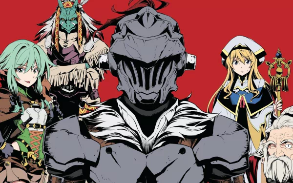 HD desktop wallpaper and background of characters from the anime Goblin Slayer, featuring Goblin Slayer in the center, surrounded by other key characters against a red backdrop.