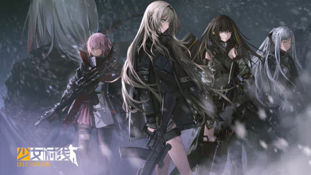 HD wallpaper featuring ST AR-15, M4A1, M16a1, AN-94, and AK-12 from the video game Girls' Frontline, standing in a snowy, battle-ready scene.