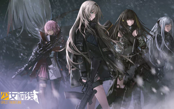 HD wallpaper featuring ST AR-15, M4A1, M16a1, AN-94, and AK-12 from the video game Girls' Frontline, standing in a snowy, battle-ready scene.