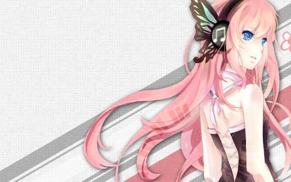 HD anime wallpaper featuring Luka Megurine from Vocaloid in a Magnet-themed design with flowing pink hair and musical headphones against a light textured background.