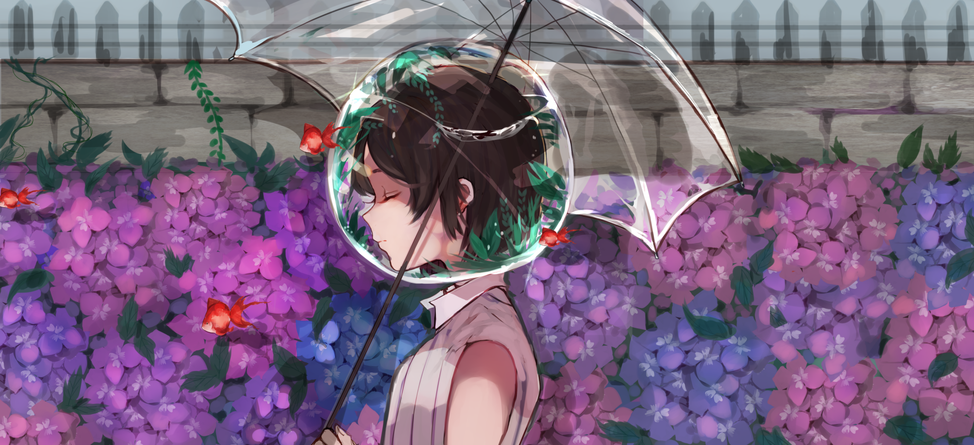 Anime girl with short black hair holding an umbrella, surrounded by flowers and fish, set against a floral background. HD desktop wallpaper.