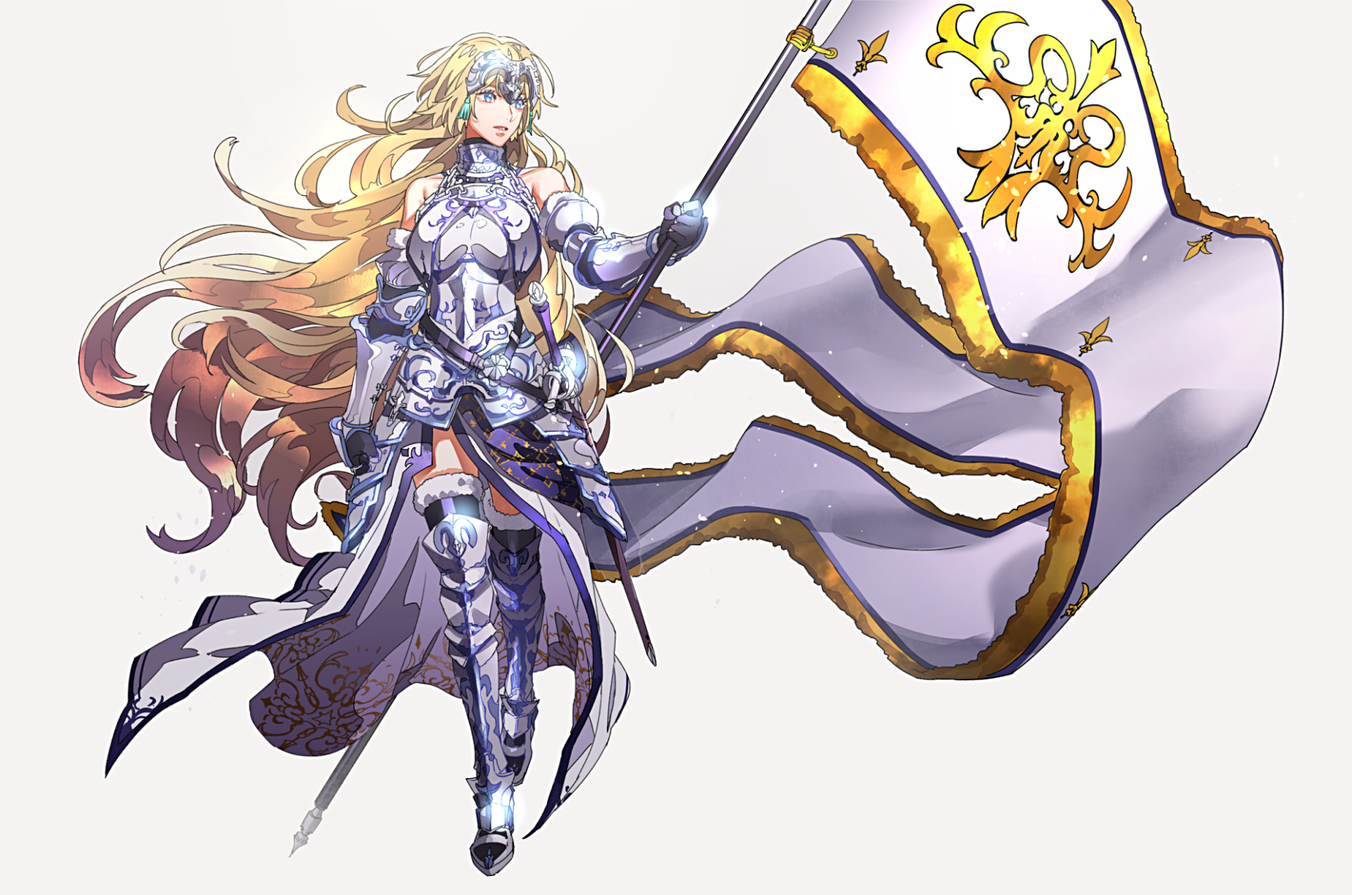 HD PC desktop wallpaper/background of Jeanne d'Arc (Fate Series) from Fate/Grand Order — anime armored blonde holding a white-and-gold banner, flowing hair and billowing cloak.