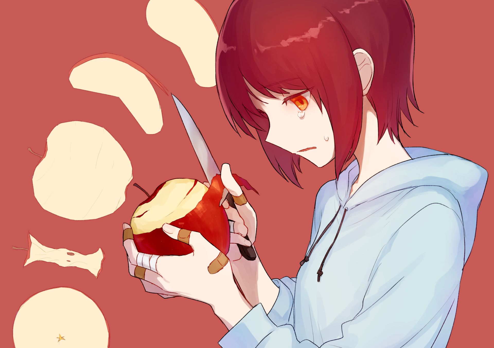 Anime-style HD wallpaper of a red-haired character with orange eyes, wearing a hoodie, peeling an apple with a knife, a bandage visible on their hand.
