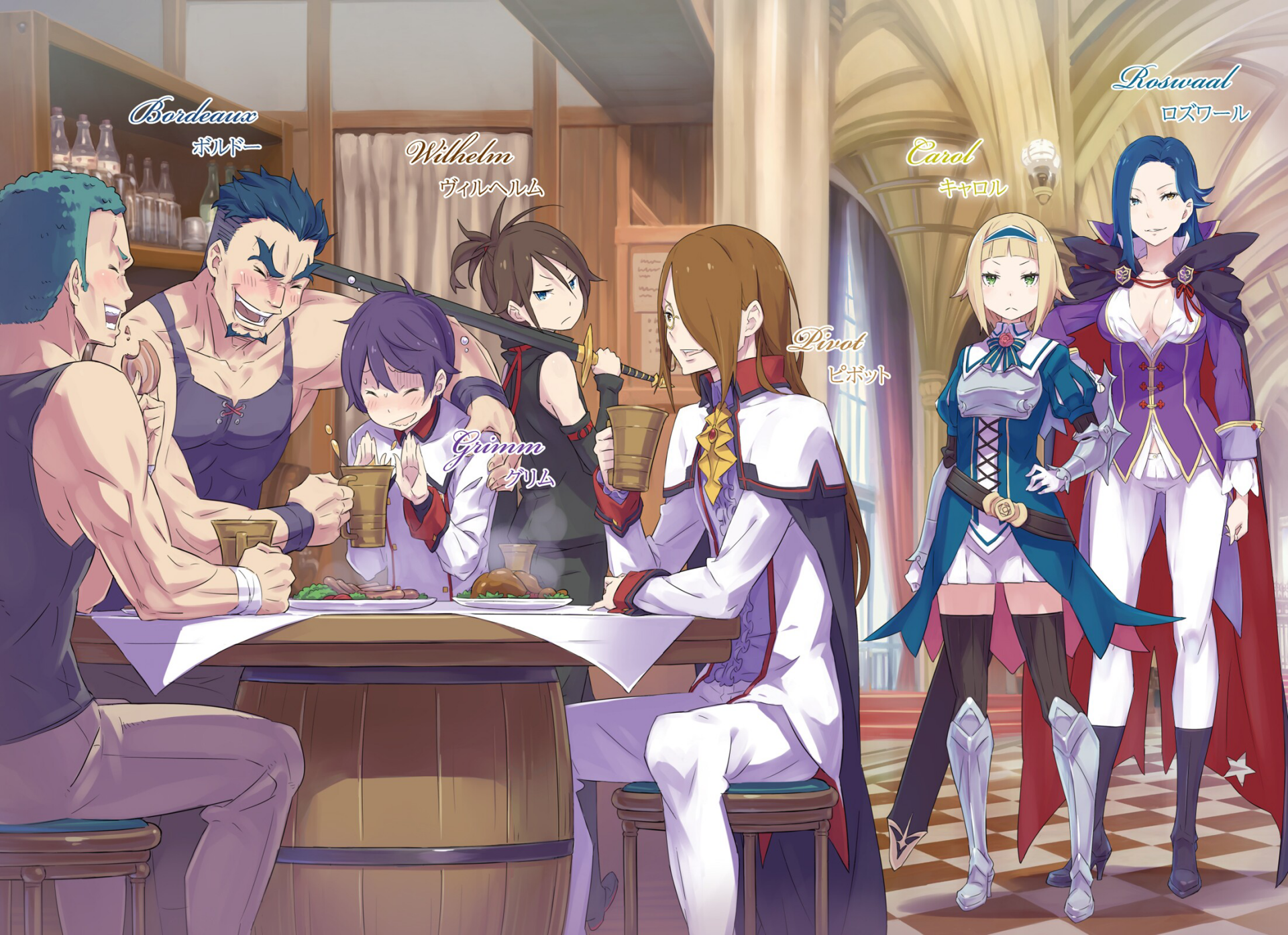 HD PC desktop wallpaper featuring characters from the anime Re:Zero - Starting Life in Another World gathered in a cozy tavern setting.