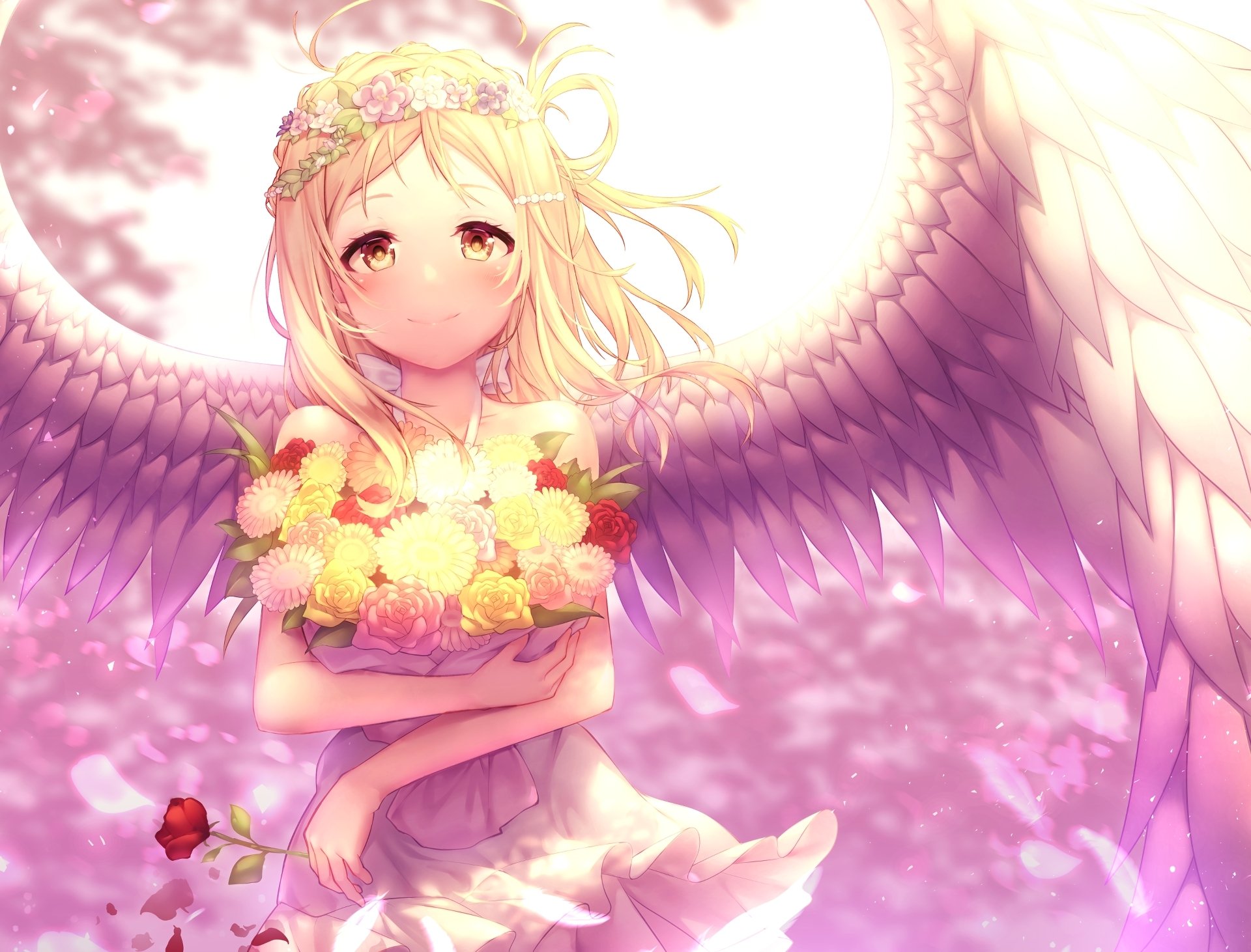 HD PC desktop wallpaper featuring Mari Ohara from Love Live! Sunshine!! depicted as an angel with golden hair, wings, and holding a bouquet of soft-colored flowers.