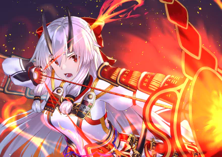 Anime-style 4K wallpaper featuring Tomoe Gozen from Fate/Grand Order with white hair, red eyes, fiery horns, and a flaming bow, inspired by the Arrow TV show.