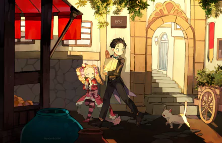 HD desktop wallpaper featuring anime characters Beatrice and Subaru Natsuki from Re:Zero - Starting Life in Another World, walking through a charming town scene with vibrant colors and warm light.