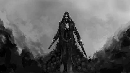 Monochrome HD PC desktop wallpaper: Hatred-inspired hooded, black-haired figure with skull chest and dual guns, striding through smoke above a mound of skulls.