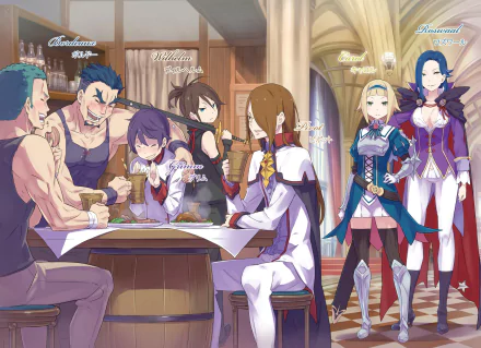 HD PC desktop wallpaper featuring characters from the anime Re:Zero - Starting Life in Another World gathered in a cozy tavern setting.