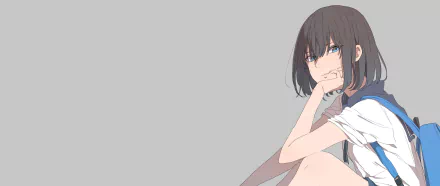 HD desktop wallpaper featuring an anime girl with dark hair and blue eyes, sitting with a thoughtful expression against a minimalist gray background.