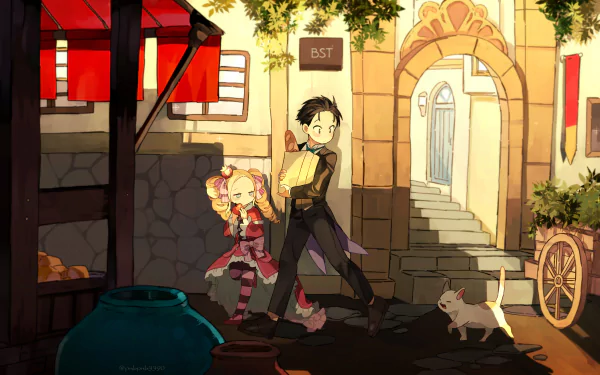 HD desktop wallpaper featuring anime characters Beatrice and Subaru Natsuki from Re:Zero - Starting Life in Another World, walking through a charming town scene with vibrant colors and warm light.