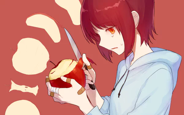 Anime-style HD wallpaper of a red-haired character with orange eyes, wearing a hoodie, peeling an apple with a knife, a bandage visible on their hand.