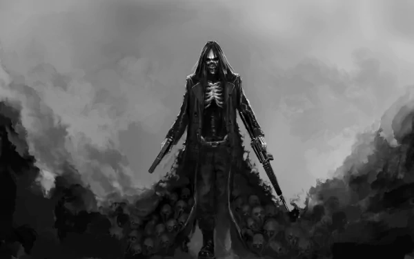 Monochrome HD PC desktop wallpaper: Hatred-inspired hooded, black-haired figure with skull chest and dual guns, striding through smoke above a mound of skulls.