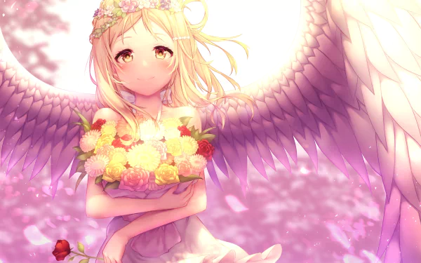 HD PC desktop wallpaper featuring Mari Ohara from Love Live! Sunshine!! depicted as an angel with golden hair, wings, and holding a bouquet of soft-colored flowers.