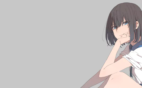 HD desktop wallpaper featuring an anime girl with dark hair and blue eyes, sitting with a thoughtful expression against a minimalist gray background.