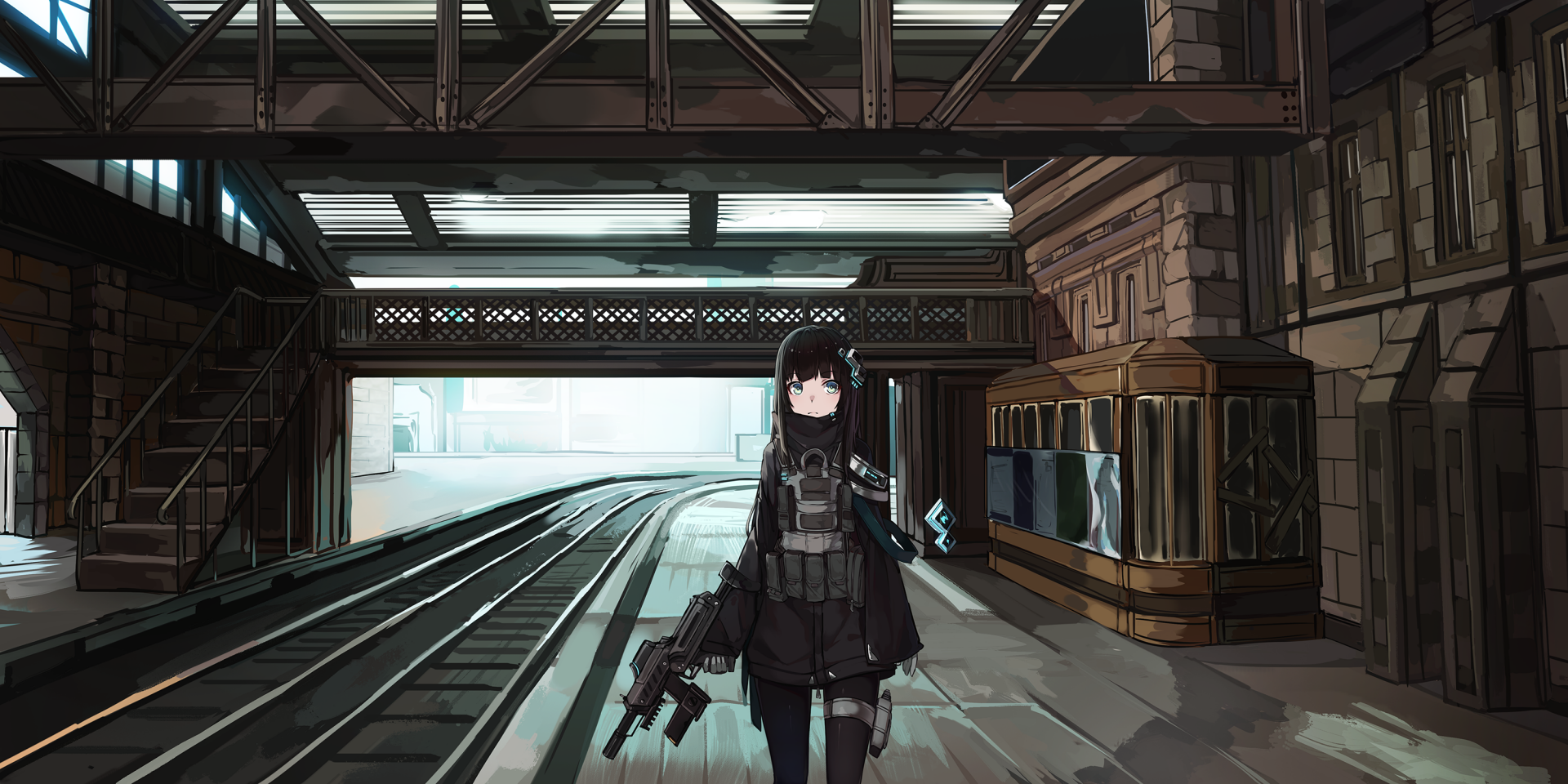 Anime-style HD wallpaper featuring a long black-haired character with green eyes holding a gun, standing on a railroad platform in a detailed urban setting.