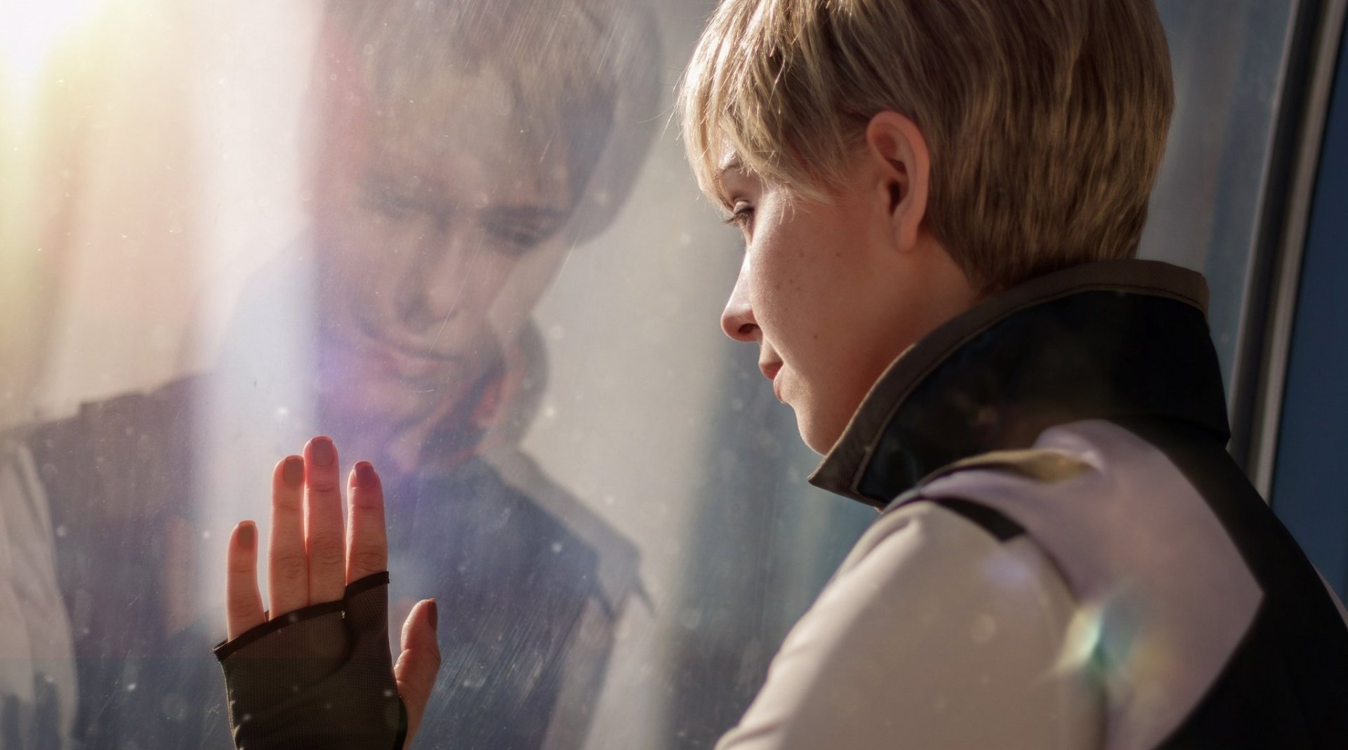 HD PC desktop wallpaper of Kara from Detroit: Become Human in cosplay, featuring a close-up of the woman touching a window with her reflection visible.