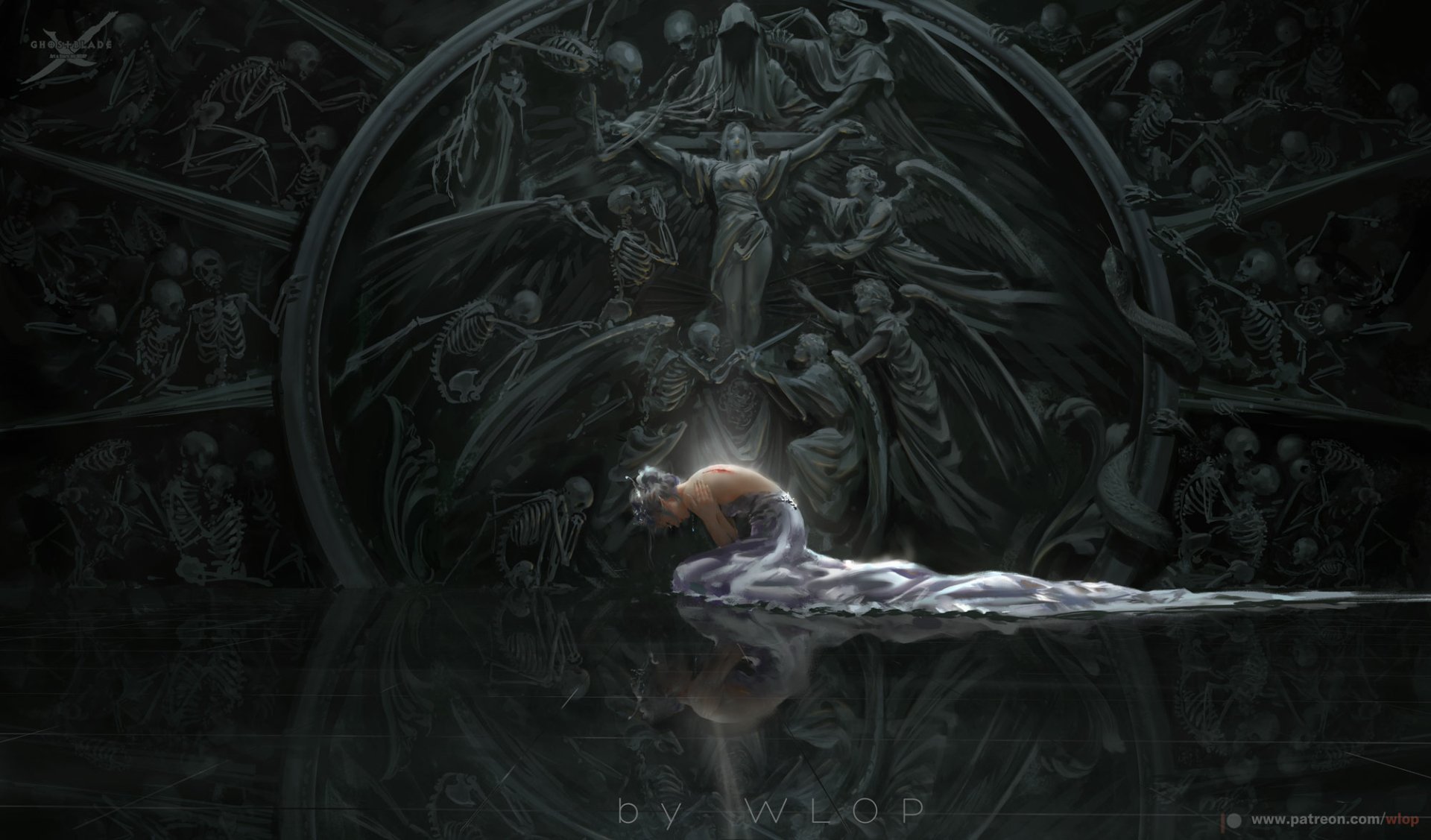 HD desktop wallpaper featuring a scene from the comic GhostBlade. A figure kneels on a reflective surface, surrounded by intricate, dark circular art with ethereal beings in the background.