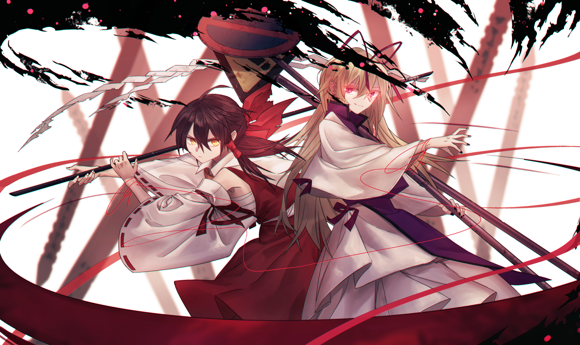 2K Quad HD PC desktop wallpaper of Touhou anime: Yukari Yakumo and Reimu Hakurei back-to-back in flowing miko robes, red ribbons and abstract brushstroke background.