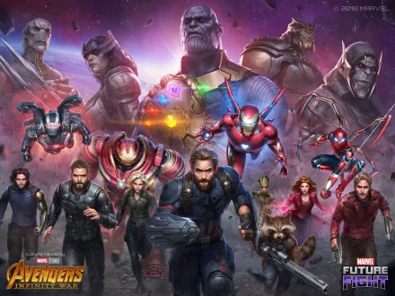 HD desktop wallpaper of Avengers: Infinity War featuring various Marvel superheroes and the villain Thanos in a dynamic and vibrant collage.