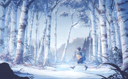 Anime artwork featuring a smiling figure with short black hair, carrying a bag in a snowy forest. The moon shines through tall, white-barked trees. HD desktop wallpaper and background.