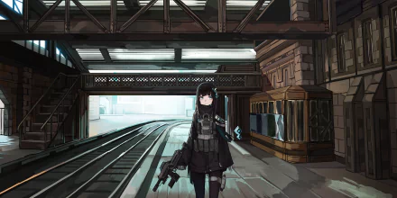 Anime-style HD wallpaper featuring a long black-haired character with green eyes holding a gun, standing on a railroad platform in a detailed urban setting.