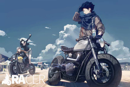 Anime-style 4K Ultra HD wallpaper featuring two characters with contrasting black and blonde hair, wearing scarves and helmets, posing confidently with their bikes under a bright sky.
