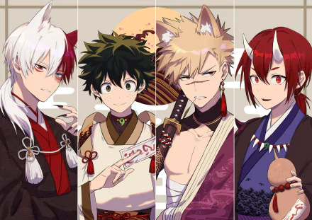 HD desktop wallpaper featuring anime characters Shoto Todoroki, Izuku Midoriya, Katsuki Bakugou, and Eijiro Kirishima from My Hero Academia, all dressed in traditional, fantasy-inspired attire.