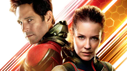 HD PC desktop wallpaper featuring Paul Rudd as Scott Lang (Ant-Man) and Evangeline Lilly as Hope Van Dyne (Wasp) from the Marvel movie Ant-Man and the Wasp.