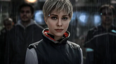 HD PC desktop wallpaper featuring a woman cosplaying Kara from Detroit: Become Human, set in a rainy urban environment with blurred figures in the background.