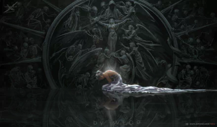 HD desktop wallpaper featuring a scene from the comic GhostBlade. A figure kneels on a reflective surface, surrounded by intricate, dark circular art with ethereal beings in the background.