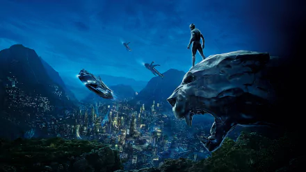 HD desktop wallpaper featuring T'Challa, the Black Panther, overlooking the futuristic cityscape of Wakanda at night, with advanced Wakandan aircraft flying in the background.