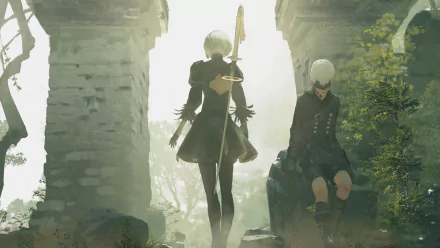 HD desktop wallpaper featuring YoRHa No.9 Type S and YoRHa No.2 Type B from the video game NieR: Automata, set in a misty, ancient ruin with lush greenery.