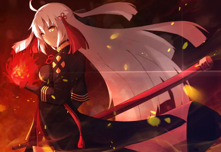 HD PC desktop wallpaper featuring Okita Alter from the anime Fate/Grand Order, depicted with fiery red energy and dynamic flowing white hair.